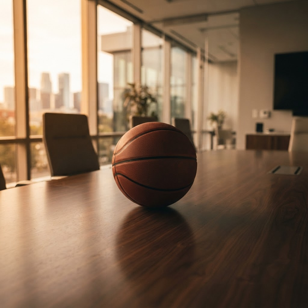 A basketball resting on a polished boardroom table, symbolizing the MBA framework — Mindset, Beliefs, Action