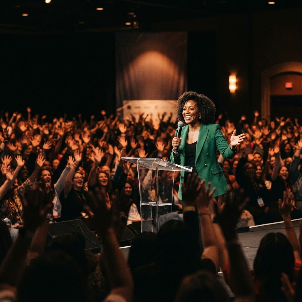 Michelle Snow speaking on stage while the audience raises their hands