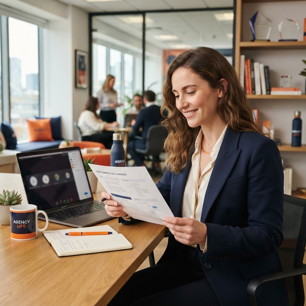 Agency account manager reviewing a concise client briefing before a video meeting