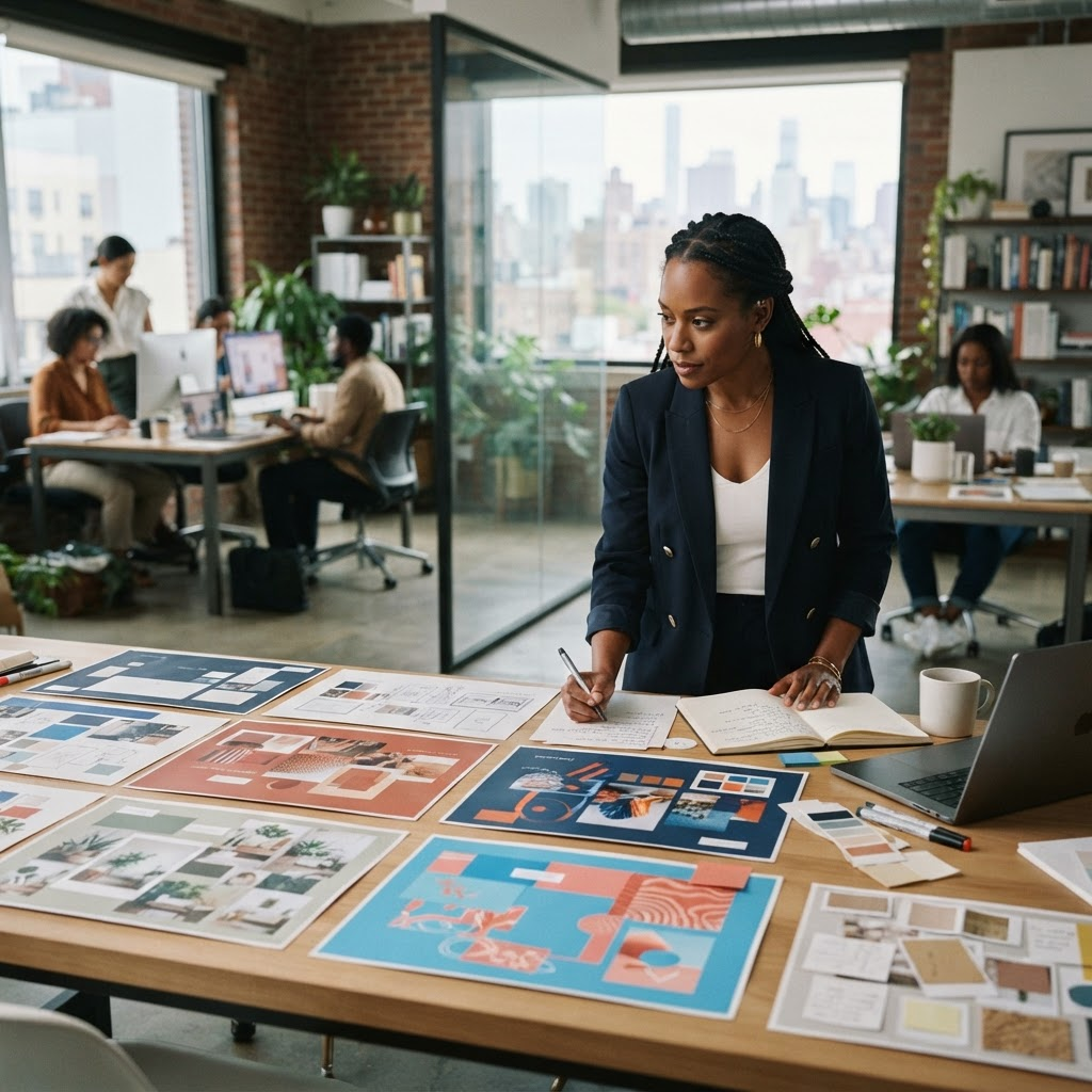 Agency strategist reviewing distinct brand voice boards for several clients before drafting content