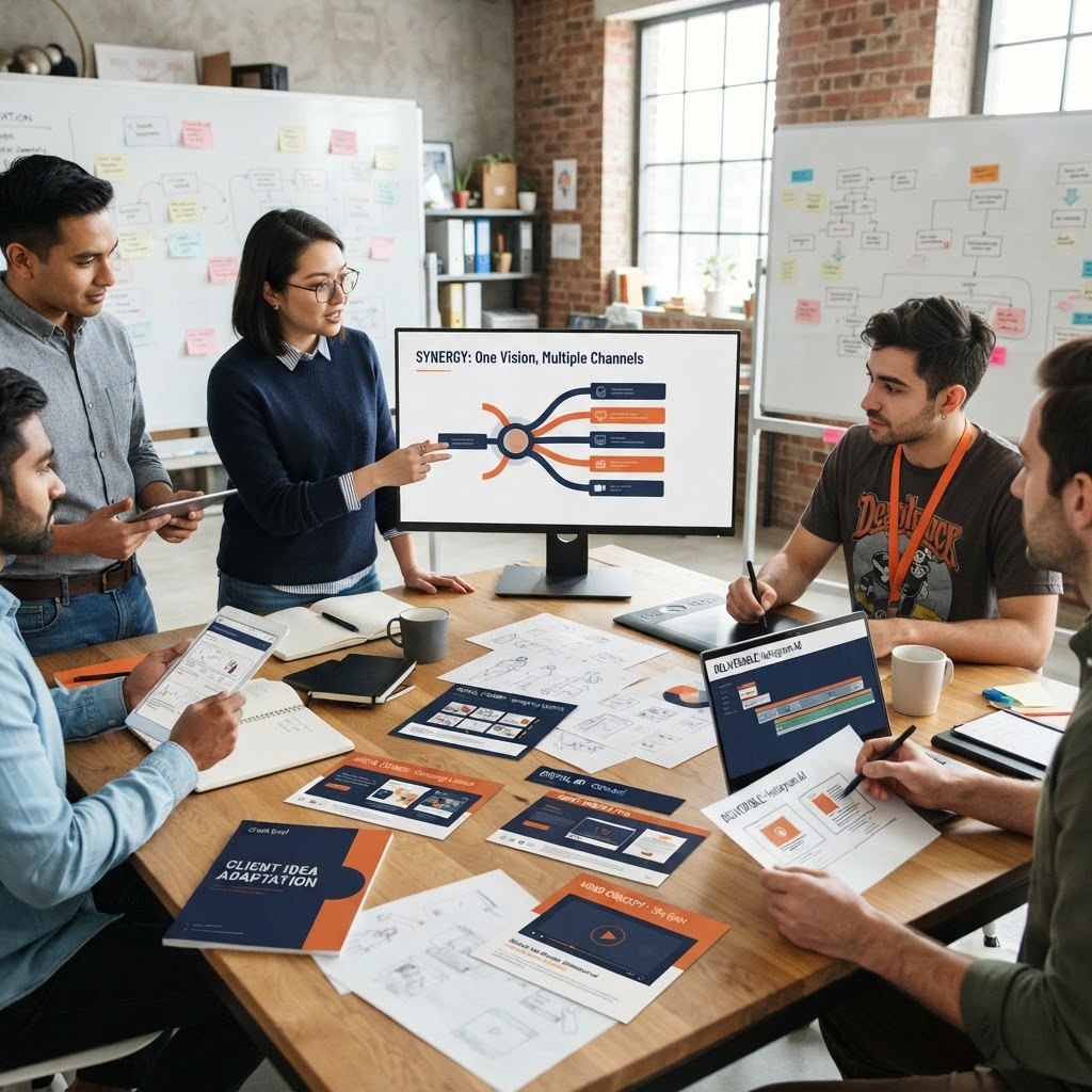 Agency content team adapting one client idea into distinct LinkedIn Facebook and Instagram drafts