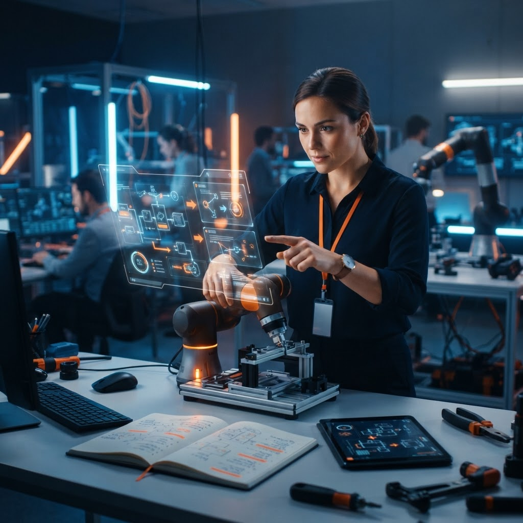 Employee moving from an AI training presentation to a practical repeatable workflow at their desk