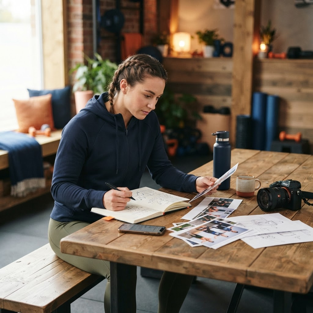 Athlete reviewing training photos and notes while planning personal brand content