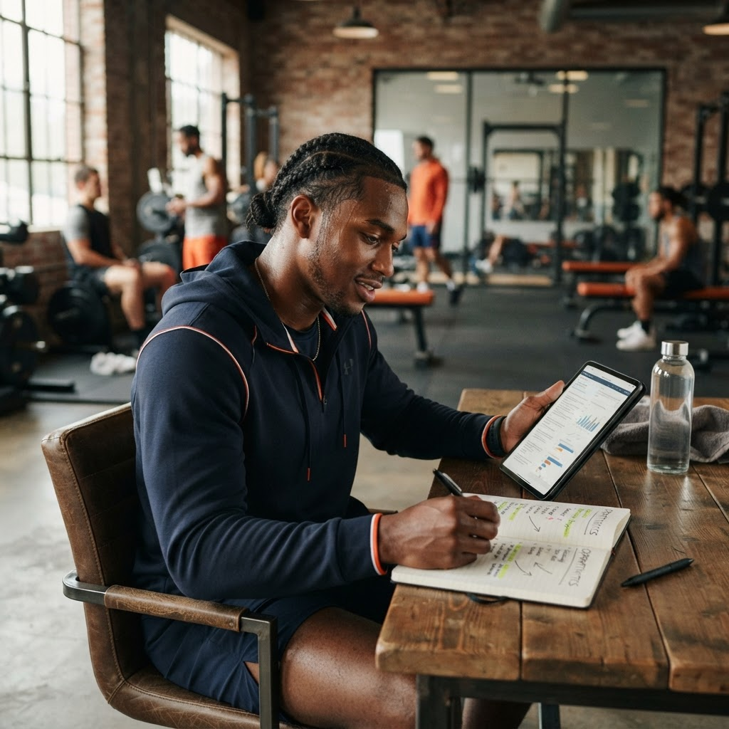 College athlete reviewing a shortlist of potential brand sponsorship opportunities after training