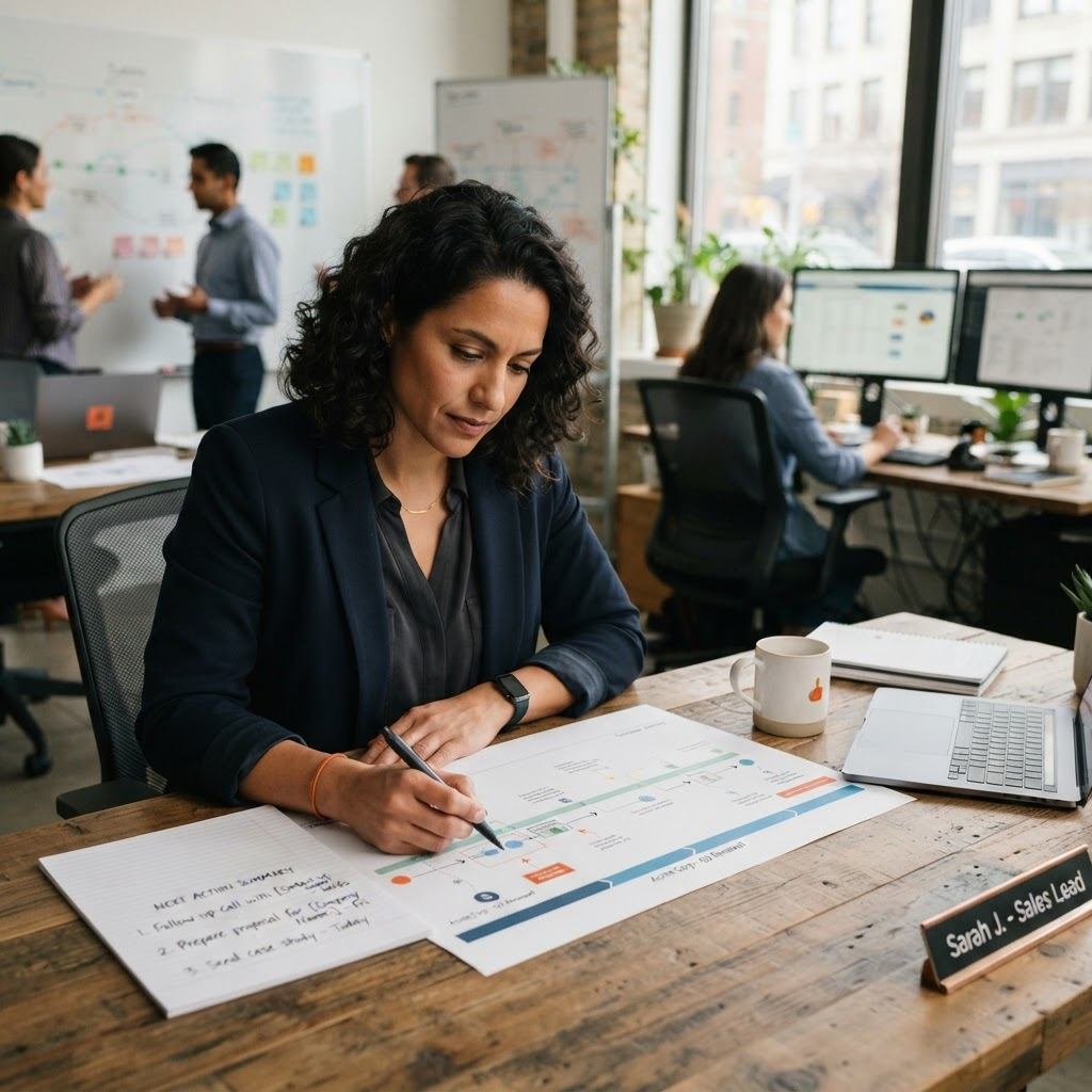 Sales leader reviewing a customer timeline next to a concise recommended next-action summary