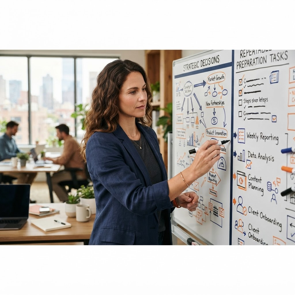 Entrepreneur separating strategic decisions from repetitive preparation tasks on a planning board