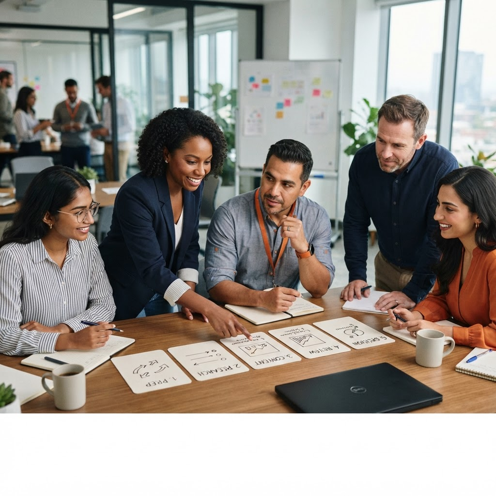 Business team reviewing five repeatable workflow cards for meetings research follow-ups content and decisions