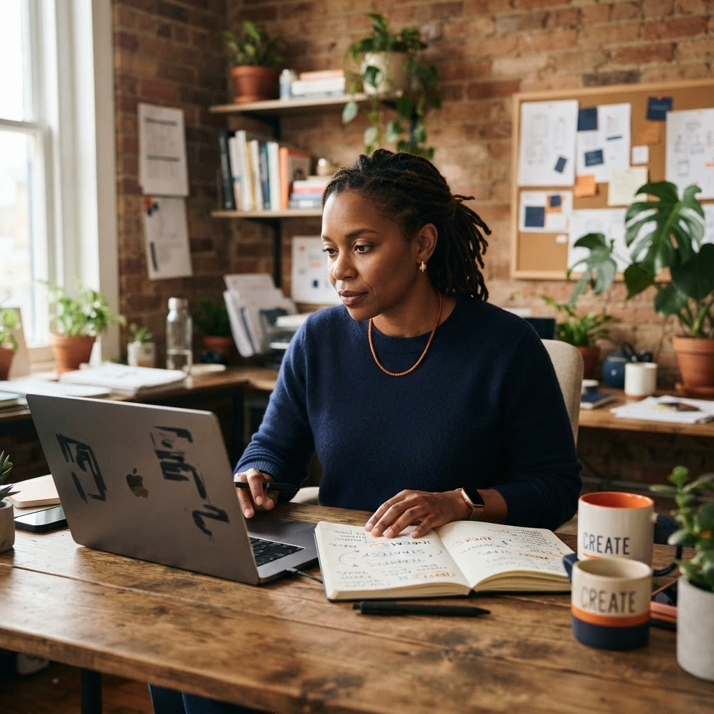 Founder comparing a bland generic content draft with notes containing her own ideas and voice