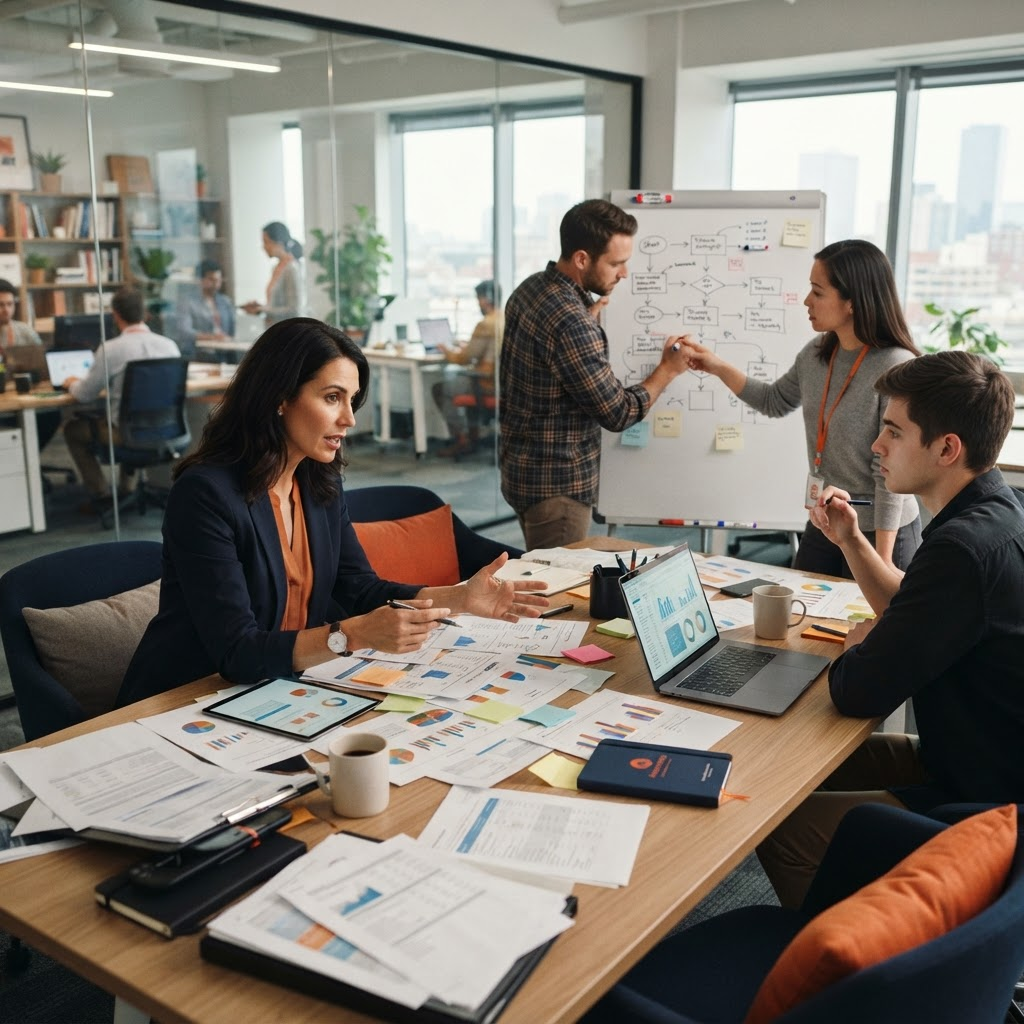 Team members using several different AI workflows while a manager compares inconsistent outputs