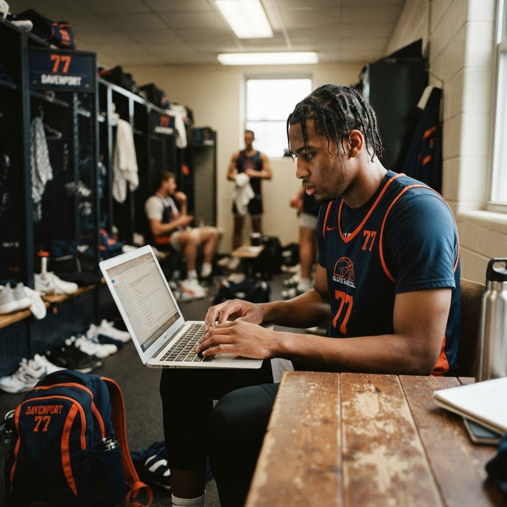 Athlete sending a professional sponsorship follow-up email from a laptop after practice