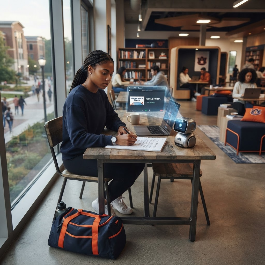 Student athlete preparing notes for a sponsorship video call in a campus study area