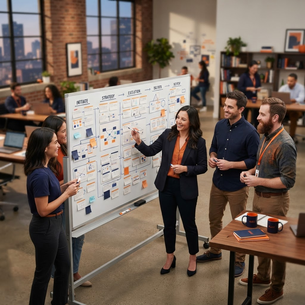 Agency operations team mapping repeated client delivery steps into a standardized workflow