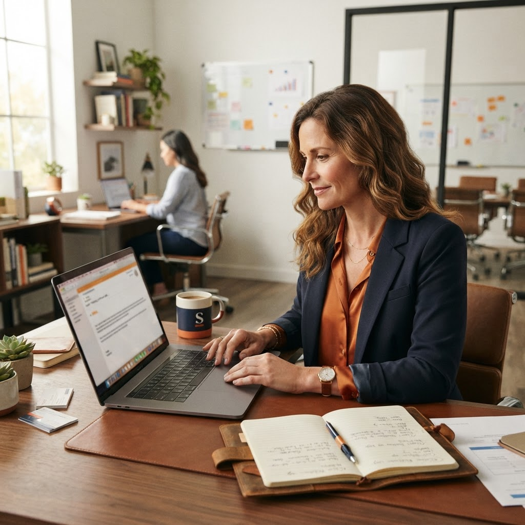 Business owner reviewing a personalized follow-up email shortly after a client conversation