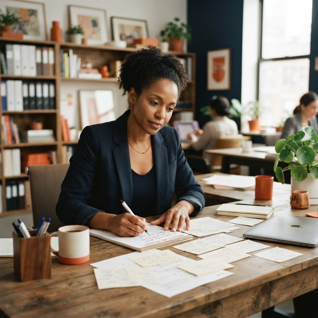 Business owner sorting handwritten notes into a short prioritized action list at a desk