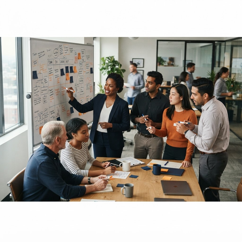 Business team in a meeting looking at a practical workflow board instead of an AI training presentation
