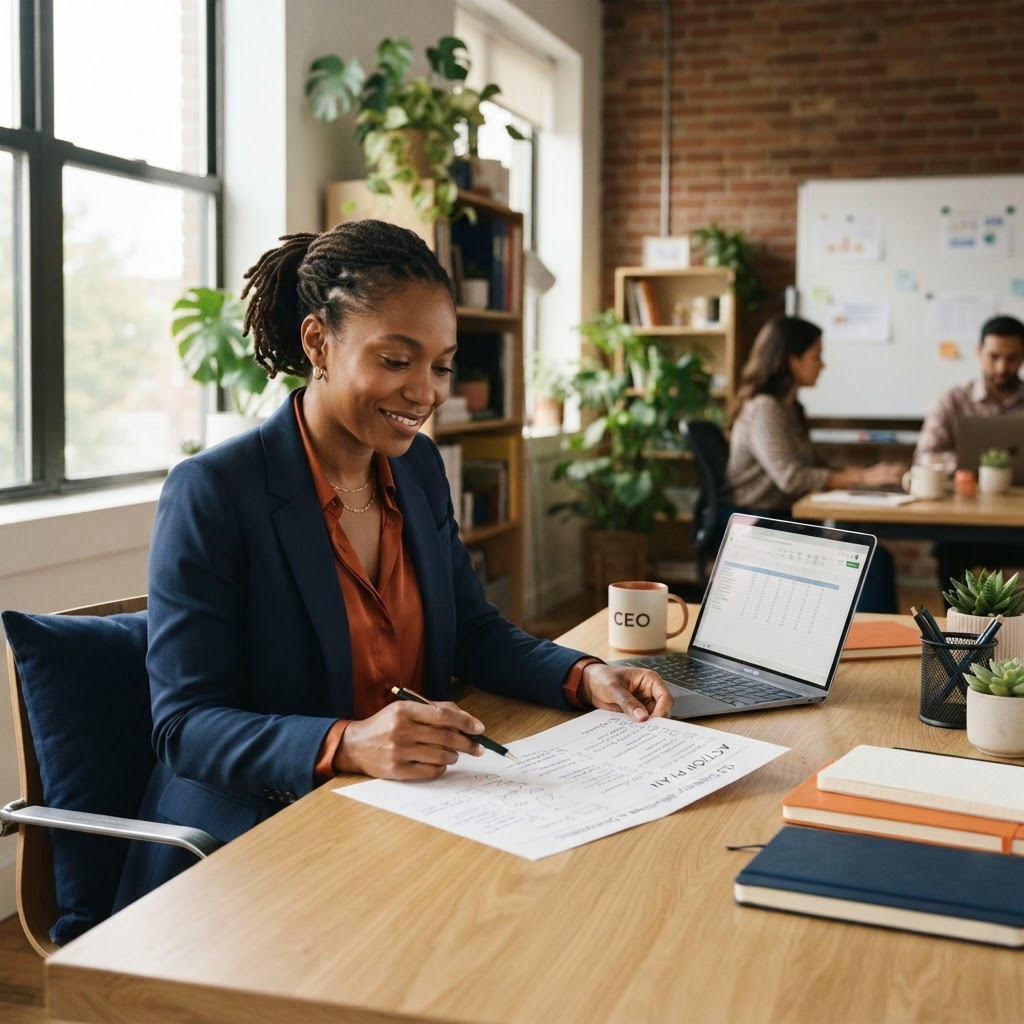 Entrepreneur at a desk reviewing a clear action plan instead of typing complicated AI prompts