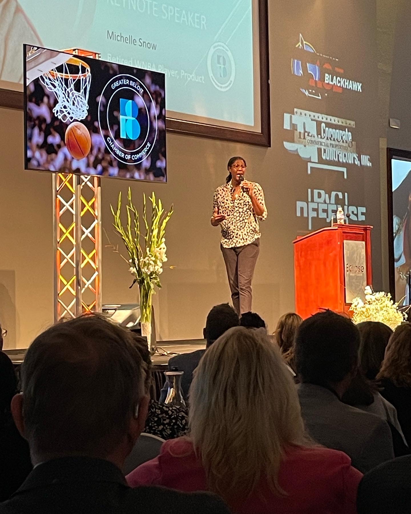 Michelle Snow delivering the keynote at the Greater Beloit Chamber of Commerce awards dinner